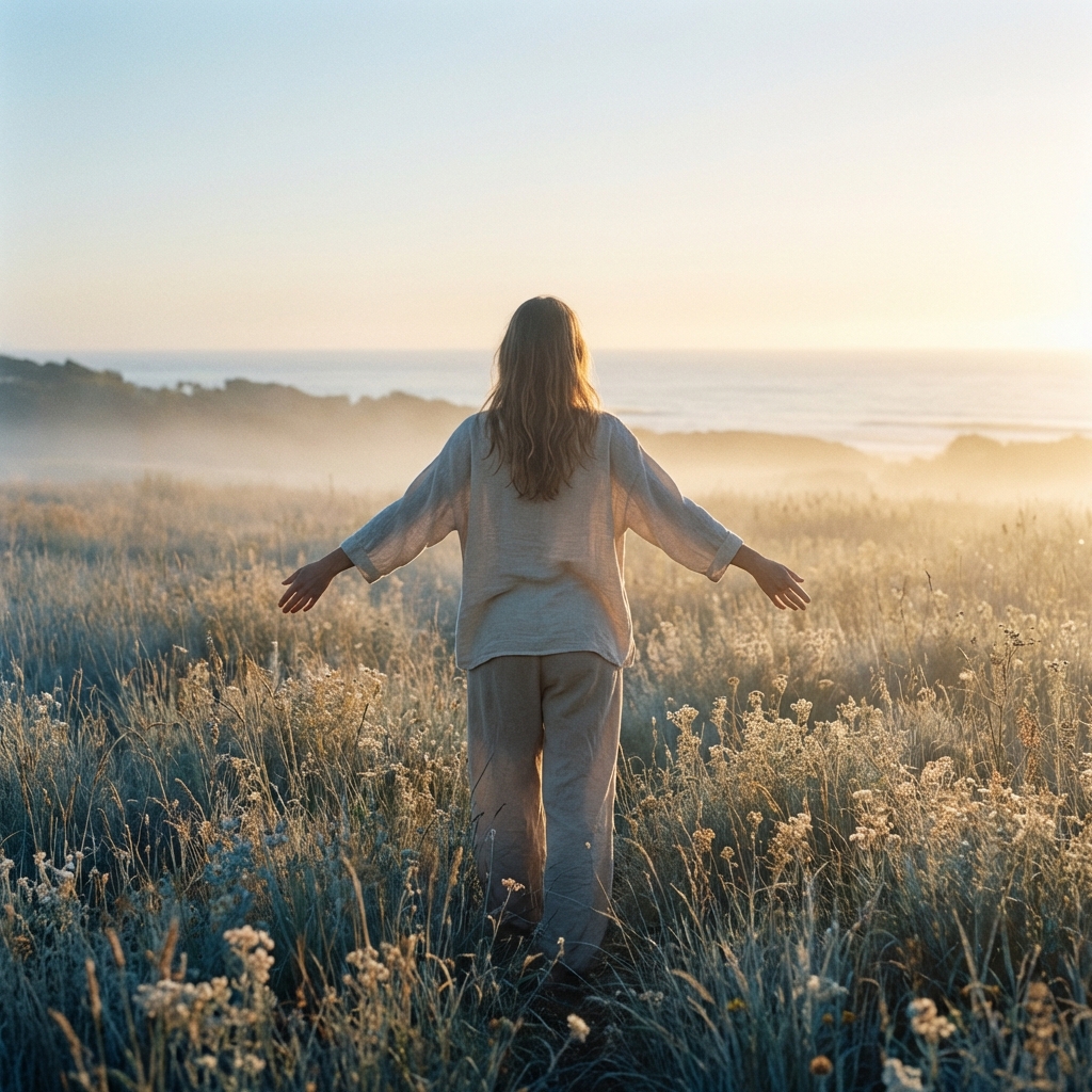 אישה נושמת לרווחה בטבע מול השקיעה - החלמה מקשר נרקיסיסטי בישראל